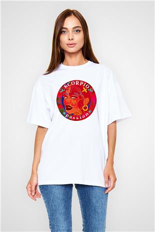 Akrep Burcu Baskılı Beyaz Unisex Oversize Tişört - Tshirt