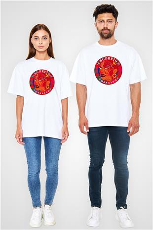 Akrep Burcu Baskılı Beyaz Unisex Oversize Tişört - Tshirt