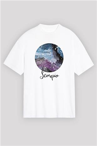 Akrep Burcu Baskılı Beyaz Unisex Oversize Tişört - Tshirt