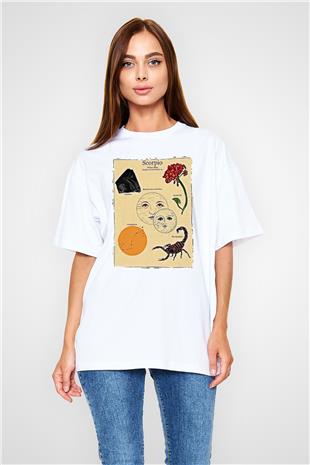 Akrep Burcu Baskılı Beyaz Unisex Oversize Tişört - Tshirt