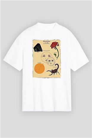 Akrep Burcu Baskılı Beyaz Unisex Oversize Tişört - Tshirt