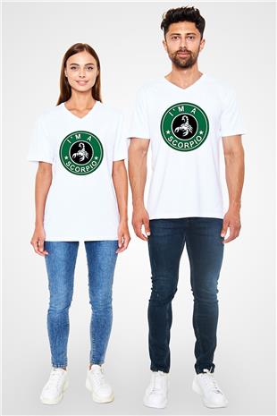 Akrep Burcu Baskılı Beyaz Unisex V Yaka Tişört - Tshirt