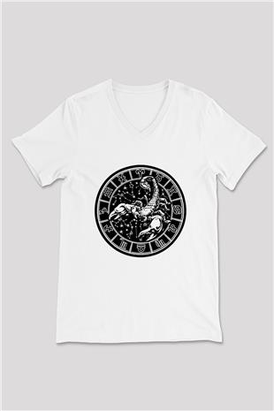 Akrep Burcu Baskılı Beyaz Unisex V Yaka Tişört - Tshirt