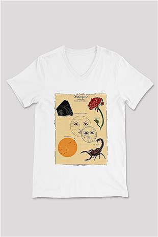 Akrep Burcu Baskılı Beyaz Unisex V Yaka Tişört - Tshirt