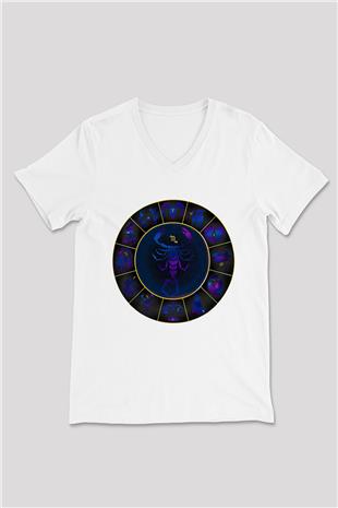 Akrep Burcu Baskılı Beyaz Unisex V Yaka Tişört - Tshirt
