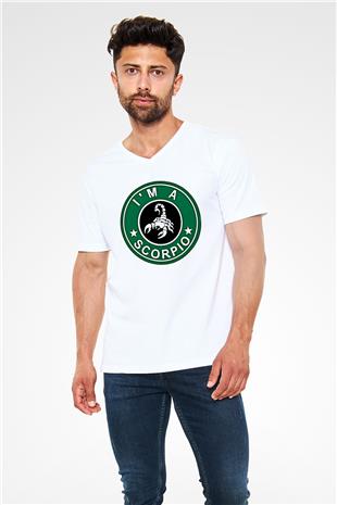 Akrep Burcu Baskılı Beyaz Unisex V Yaka Tişört - Tshirt