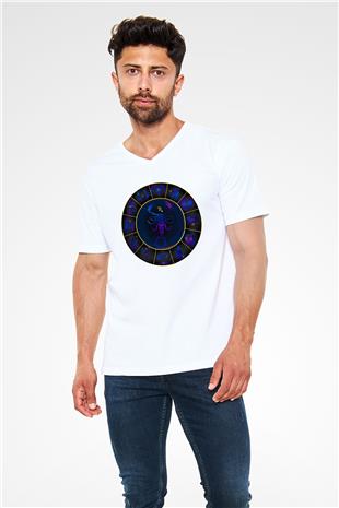 Akrep Burcu Baskılı Beyaz Unisex V Yaka Tişört - Tshirt