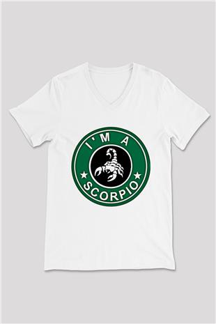 Akrep Burcu Baskılı Beyaz Unisex V Yaka Tişört - Tshirt
