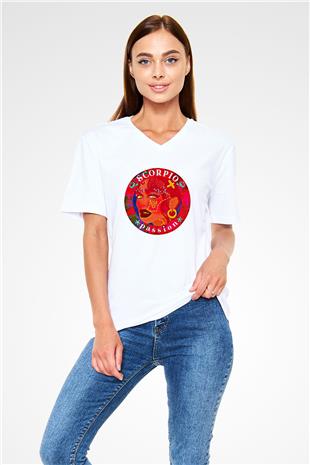 Akrep Burcu Baskılı Beyaz Unisex V Yaka Tişört - Tshirt