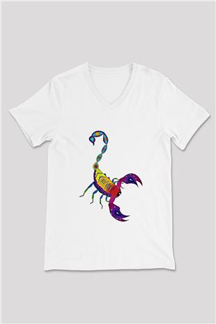 Akrep Burcu Baskılı Beyaz Unisex V Yaka Tişört - Tshirt