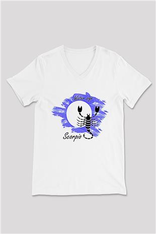 Akrep Burcu Baskılı Beyaz Unisex V Yaka Tişört - Tshirt