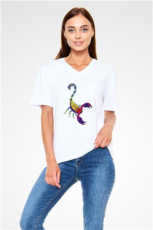 Akrep Burcu Baskılı Beyaz Unisex V Yaka Tişört - Tshirt