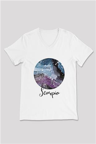 Akrep Burcu Baskılı Beyaz Unisex V Yaka Tişört - Tshirt