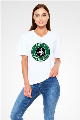 Akrep Burcu Baskılı Beyaz Unisex V Yaka Tişört - Tshirt