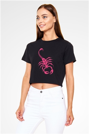 Akrep Burcu Baskılı Siyah Crop Top Kadın Tişört - Tshirt