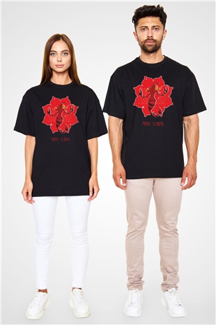 Akrep Burcu Baskılı Unisex Siyah Oversize Tişört - Tshirt