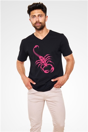 Akrep Burcu Baskılı Unisex Siyah V Yaka Tişört - Tshirt