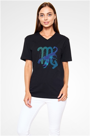 Akrep Burcu Baskılı Unisex Siyah V Yaka Tişört - Tshirt