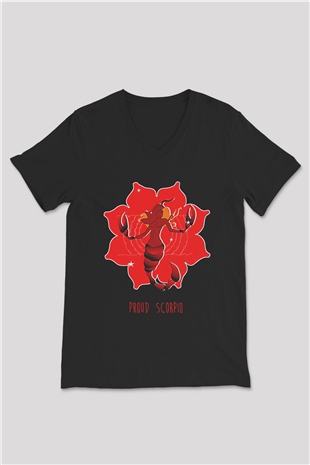 Akrep Burcu Baskılı Unisex Siyah V Yaka Tişört - Tshirt