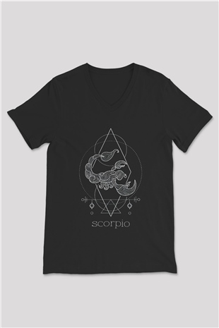 Akrep Burcu Baskılı Unisex Siyah V Yaka Tişört - Tshirt