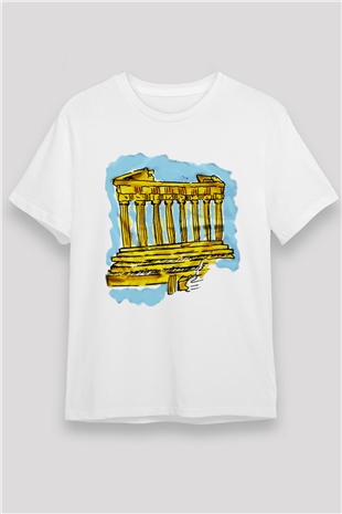 Akropolis Beyaz Unisex Tişört T-Shirt - TişörtFabrikası