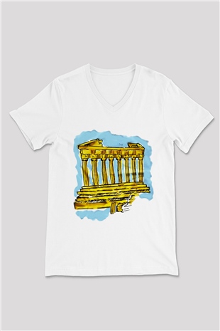 Akropolis Beyaz Unisex V Yaka Tişört T-Shirt