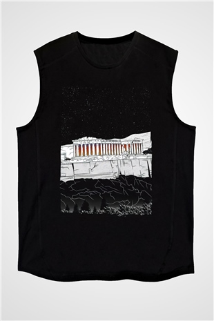 Akropolis Siyah Unisex Kolsuz Tişört