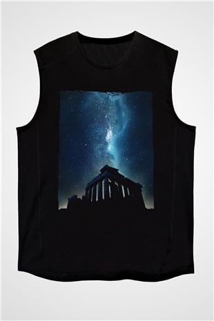 Akropolis Siyah Unisex Kolsuz Tişört