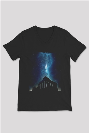 Akropolis Siyah Unisex V Yaka Tişört