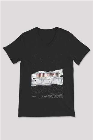 Akropolis Siyah Unisex V Yaka Tişört