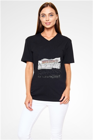 Akropolis Siyah Unisex V Yaka Tişört