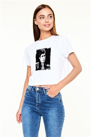 Al Pacino Baskılı Beyaz Kadın Crop Top Tişört