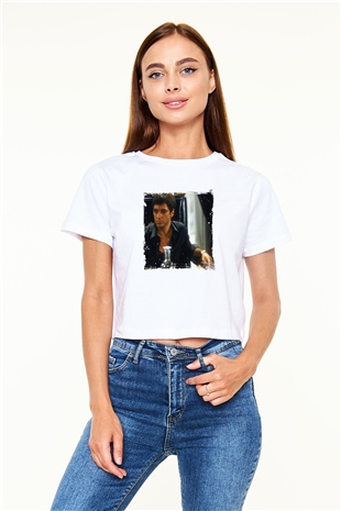 Al Pacino Baskılı Beyaz Kadın Crop Top Tişört