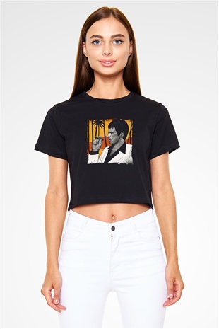 Al Pacino Baskılı Siyah Kadın Crop Top Tişört