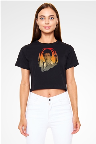 Al Pacino Baskılı Siyah Kadın Crop Top Tişört