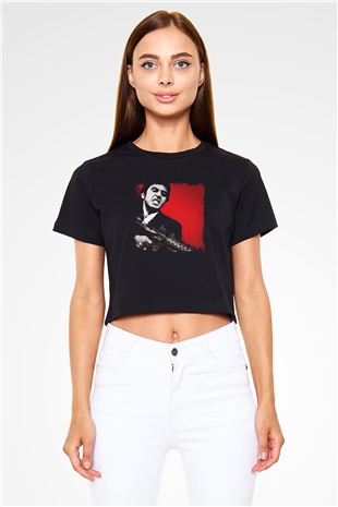 Al Pacino Baskılı Siyah Kadın Crop Top Tişört