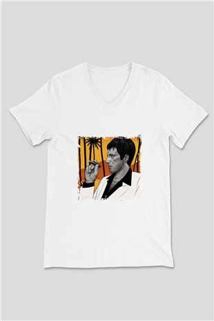 Al Pacino Baskılı V Yaka Unisex Beyaz Tişört