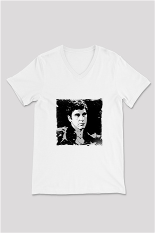 Al Pacino Baskılı V Yaka Unisex Beyaz Tişört
