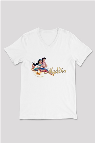 Aladdin Beyaz Unisex V Yaka Tişört