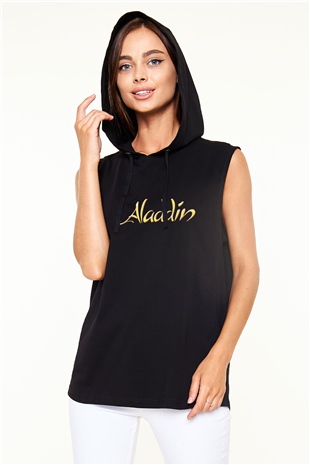 Aladdin Siyah Unisex Kapüşonlu Kolsuz Tişört