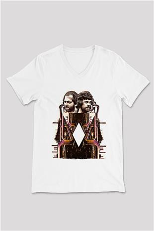 Alan Persons Project Baskılı Beyaz Unisex V Yaka Tişört - Tshirt