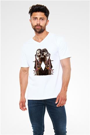 Alan Persons Project Baskılı Beyaz Unisex V Yaka Tişört - Tshirt
