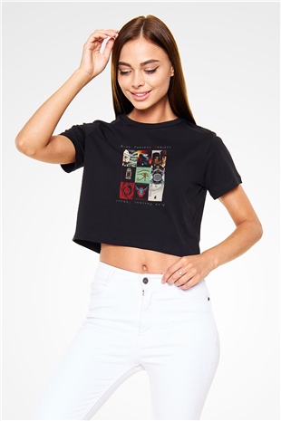 Alan Persons Project Baskılı Siyah Crop Top Kadın Tişört - Tshirt