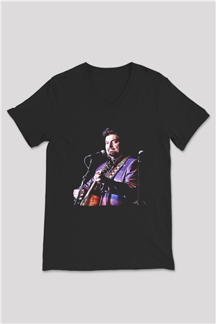 Alan Persons Project Baskılı Unisex Siyah V Yaka Tişört - Tshirt