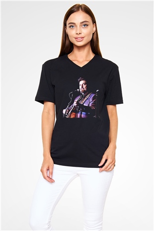 Alan Persons Project Baskılı Unisex Siyah V Yaka Tişört - Tshirt