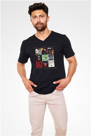 Alan Persons Project Baskılı Unisex Siyah V Yaka Tişört - Tshirt