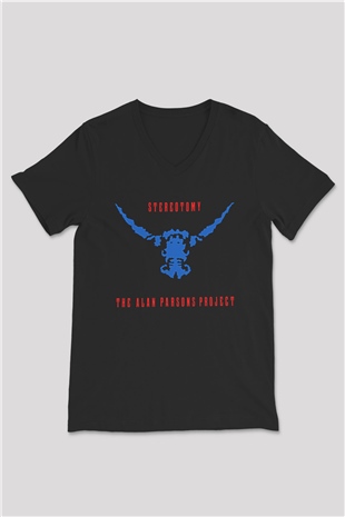 Alan Persons Project Baskılı Unisex Siyah V Yaka Tişört - Tshirt