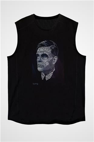 Alan Turing Tipografi Baskılı Unisex Kolsuz Siyah Tişört - Tshirt