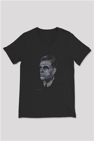 Alan Turing Tipografi Baskılı Unisex V Yaka Siyah Tİşört - Tshirt
