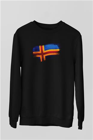 Aland Adaları - Aland İslands Bayrağı Baskılı Unisex Siyah Sweatshirt